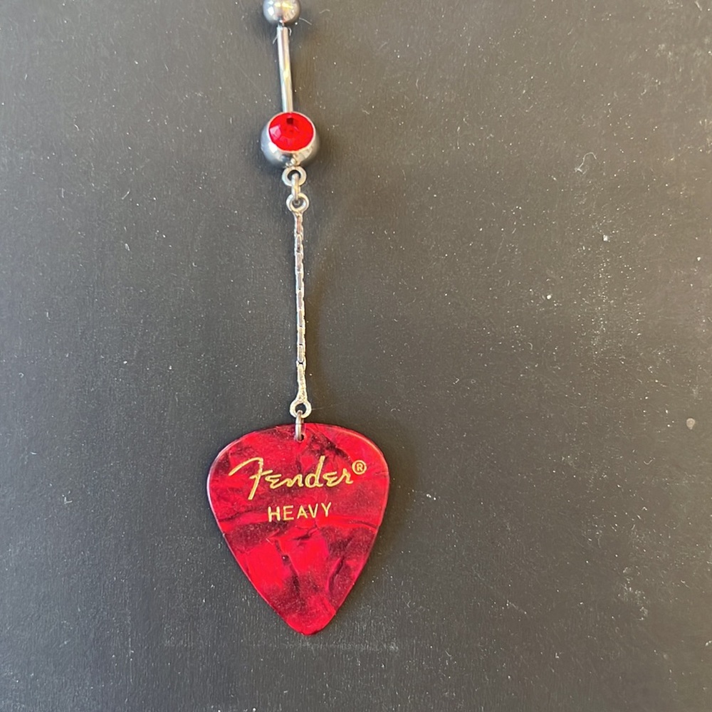 Ruby red crystals and silver navel ring with fender guitar pic and silver chain
